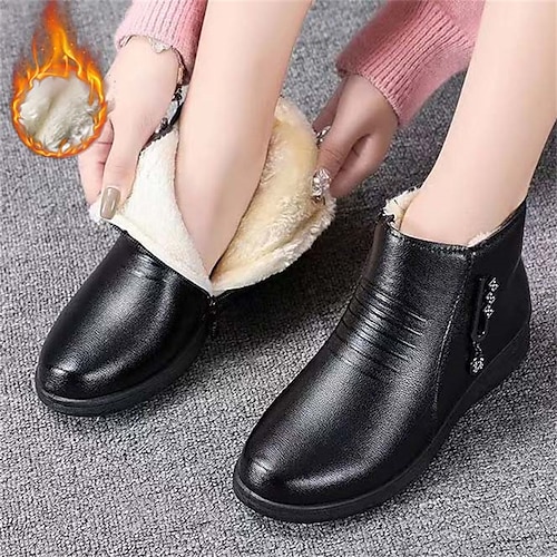 

Mulheres Botas Botas com salto Botas de Neve Sapatos macios Diário Botas Botas Tornozelo Pedrarias Sem Salto Ponta Redonda Felpudo Conforto Minimalismo Couro Sintético zíper Côr Sólida Vinho Preto