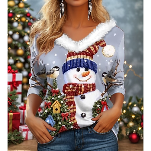 

Damen T Shirt Weihnachts-Shirt Grau Schneemann Bedruckt Langarm Party Weihnachten Wochenende Fest / Feiertage Pelzkragen V Ausschnitt Regular Fit Farbe Herbst Winter