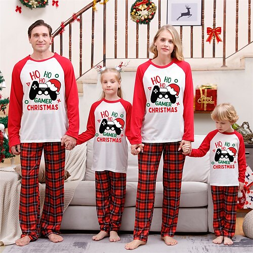 

Famille Noël Pyjamas Coton Graphic Pyjama à carreaux Pyjamas de Noël mignons Ecole Imprimer Noir Blanche Rouge manche longue Tenues maman et moi Actif Tenues assorties