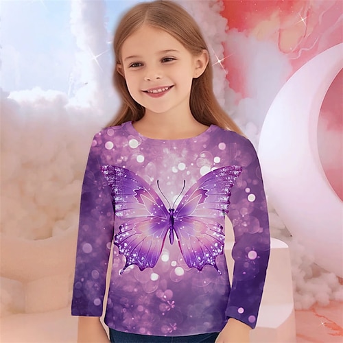 

Girls' 3D Butterfly Tee Shirt Long Sleeve 3D Print Fall Winter Active Fashion Cute Polyester Kids 3-12 Years Crew Neck Outdoor Casual Daily Regular Fit