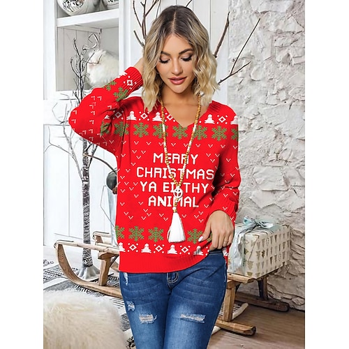 

femme laid noël pull pull pull col en v tricot côtelé polyester tricoté imprimé automne hiver régulier extérieur noël vacances quotidien stylé décontracté manches longues lettre vin gris s m l