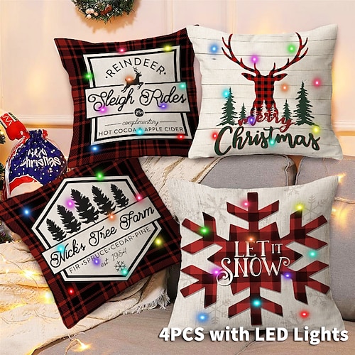 

Luces LED de Navidad funda de almohada 4 piezas copo de nieve Navidad suave decorativo cojín cuadrado funda de almohada para dormitorio sala de estar sofá silla calidad superior