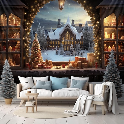 

Christmas Window View Hanging Tapestry Castle Wall Art Xmas Large Tapestry Mural Decor Photograph Backdrop Blanket Curtain Home Bedroom Living Room Decoration