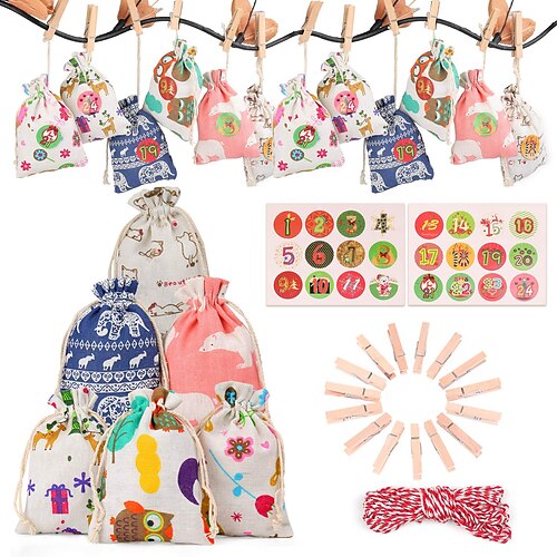 

24pcs Christmas Treat Bags,Cartoon Print Candy Storage Bag Advent Calendar Gift Bags Drawstring Pouch Rope Clip Christmas Decor