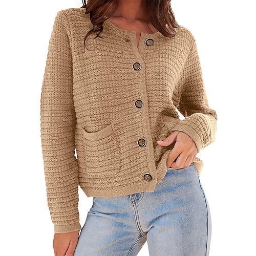 

Damen Strickjacke Strickwaren Gehäkelt Stricken Standard Taste Feste Farbe Rundhalsausschnitt Stilvoll Brautkleider schlicht Outdoor Täglich Herbst Winter Karamellfarbe nicht-gerade weiss Schwarz S