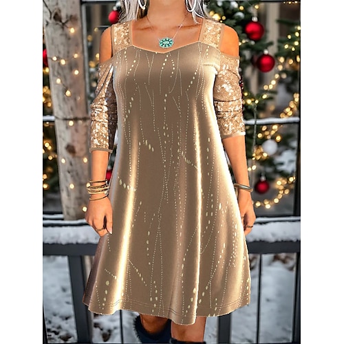 

Damen Lässiges Kleid Winter Kleid Weihnachtskleid Punkt Kalte Schulter Pailletten Quadratischer Ausschnitt Kalte Schulter Minikleid Modisch Strassenmode Outdoor Weihnachten Langarm Regular Fit Khaki