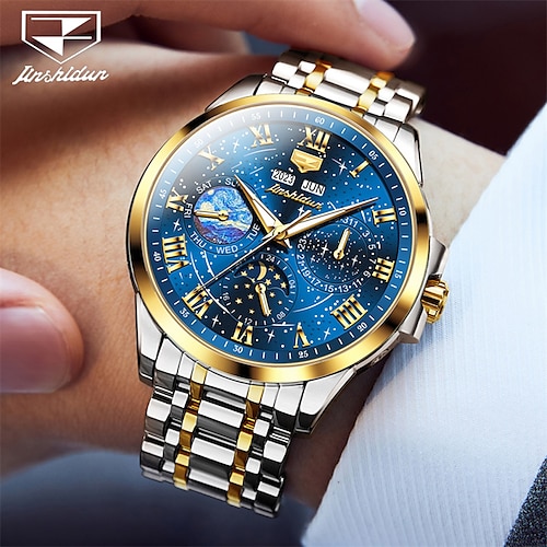 

nouvelle marque jinshidun montres pour hommes calendrier indication 24 heures affichage de la semaine montre mécanique multifonction lumineuse montre-bracelet pour hommes étanche