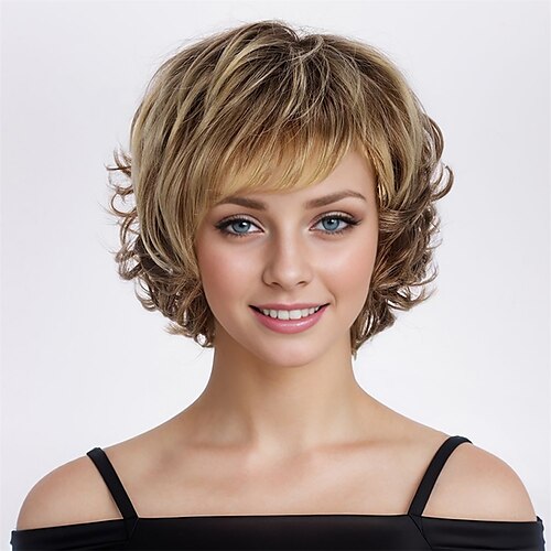 

Perruque Synthétique Bouclé Avec Frange Fabriqué à la machine Perruque Court A1 Cheveux Synthétiques Femme Doux Mode Facile à transporter Blond Marron Multicolore