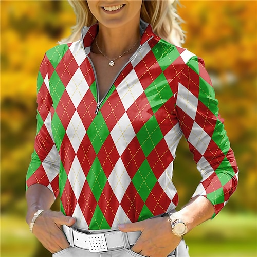 

Damen-Poloshirt, Weihnachts-Golfshirt, atmungsaktiv, schnell trocknend, feuchtigkeitsableitend, langärmlig, Golfbekleidung, Golfkleidung, normale Passform, Reißverschluss, Stehkragen, bedruckt, Frühling, Herbst, Tennis, Golf, Pickleball