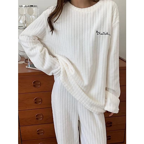 

Women's Fleece Pajamas Sets Letter Plush Casual Comfort Home Daily Bed Coral Fleece Coral Velvet Warm Crew Neck Long Sleeve Pullover Pant Elastic Waist Fall Winter Light Pink White
