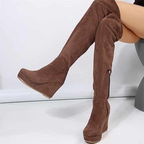 

Damen Stiefel Plateaustiefel Übergrössen Schuhe mit innerer Höhenerhöhung Täglich Stiefel über Knie Plattform Keilabsatz Runde Zehe Vintage Elegant Brautkleider schlicht Kunst-Veloursleder