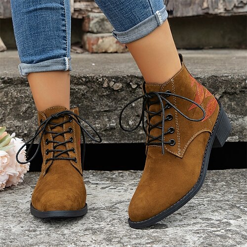 

Women's Boots Plus Size Daily Booties Ankle Boots Chunky Heel Pointed Toe Vintage Casual Comfort Faux Suede Lace-up Embroidered Black Brown