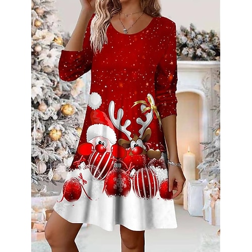 

Women's Red Christmas Dress Christmas Dress Snowflake Deer Print Crew Neck Midi Dress Ugly Fashion Outdoor Christmas Long Sleeve Loose Fit Black White Wine Fall Winter S M L XL XXL