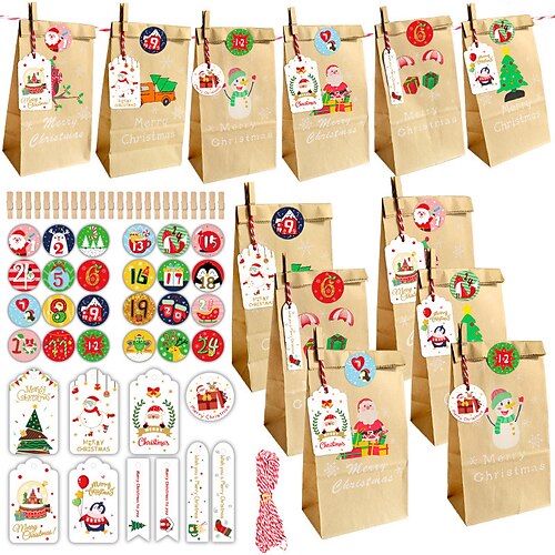 

Conjunto de sacos de presente 24 unidades para o Natal, sacos de presente com calendário do advento do Natal, sacos suspensos com calendário de contagem regressiva de 24 dias, saco diy de papel kraft