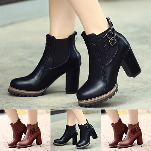 

Women's Boots Plus Size Heel Boots Outdoor Daily Booties Ankle Boots Buckle Block Heel Chunky Heel Pointed Toe Vintage Minimalism Industrial Style Faux Leather Loafer Black Brown