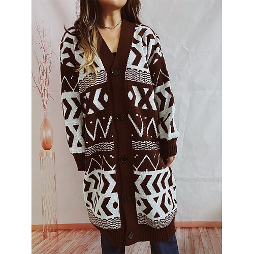 

Mulheres Sueter Cardigan Decote V Robusto Crochê Tricotar Polyester Botão Primavera Outono Inverno Longo Casa Trabalho Diário à moda Estilo vintage Elegante Manga Longa Geométrica Preto Marron S M L