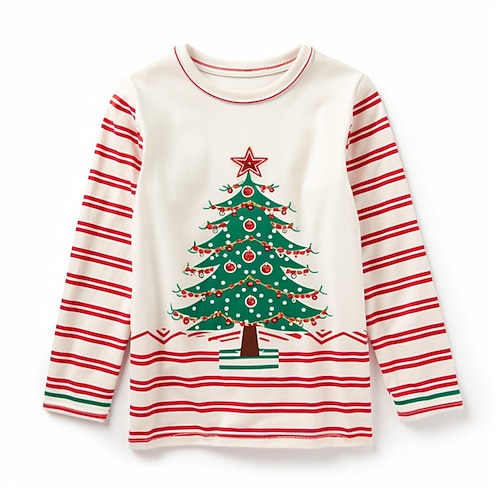 

Weihnachten Mädchen 3D Weihnachtsbaum Streifen T-Shirt Hemd Langarm 3D-Druck Herbst Winter Aktiv Modisch Kuschelig Polyester kinderkleidung 3-12 Jahre Rundhalsausschnitt Outdoor Casual Täglich