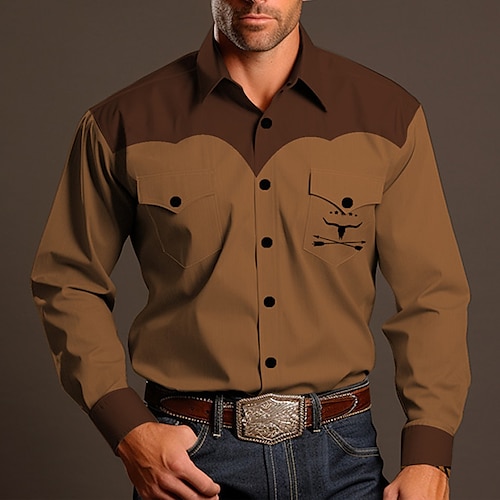 

Cowboy Vintage western style Men's Shirt Western Shirt Outdoor Street Casual Daily Fall & Winter Turndown Long Sleeve Brown khaki S M L Shirt
