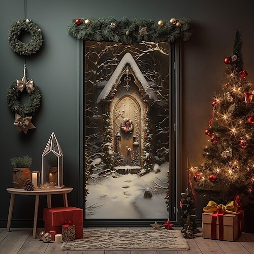 

Christmas House Door Covers Door Tapestry Door Curtain Decoration Xmas Backdrop Door Banner for Front Door Christmas Holiday Party Decor Supplies