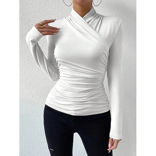 

Mujer Camiseta Plano Negro Blanco Naranja Manga Larga Diario Fin de semana Moda Escote en Pico Delgado Primavera Otoño