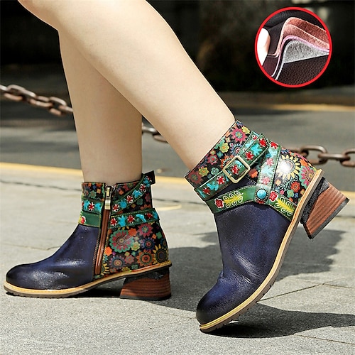 

Women's Boots Handmade Shoes Vintage Shoes Cowgirl Boots Daily Booties Ankle Boots Zipper Chunky Heel Round Toe Vintage Casual Comfort Leather Sheepskin Zipper Solid Color Floral Dark Blue