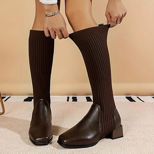 

Femme Bottes Chaussettes Extérieur du quotidien Bottes genou Talon bloc Talon Bottier Bout carré Rétro Vintage Classique Décontractées Polyuréthane Tissage Volant Mocassins Couleur unie Amande Noir