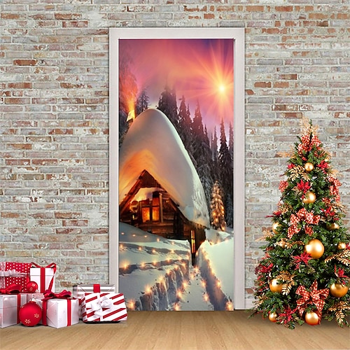 

Christmas 3D Stickers Waterproof Door Stickers Xmas Door Mural Peel Self Adhesive Wallpaper PVC Sticker Removable Wall Decal for Home Office Decoration