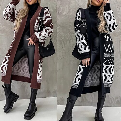 

Damen Strickjacke Öffnung vorne Gerippt Stricken Acryl Patchwork Herbst Winter Lang Outdoor Täglich Ausgehen Stilvoll Brautkleider schlicht Weich Langarm Geometrisch Schwarz Kamel S M L