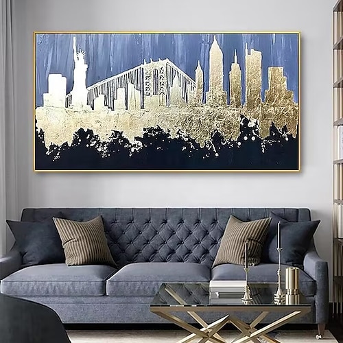 

handgemalte Wandkunst New York City Skyline Stadtbild Kunst auf Leinwand handgefertigte Blattgoldkunst abstrakte Skyline Dekor New York Dekor Skyline Heimdekoration Dekor gerollte Leinwand kein Rahmen