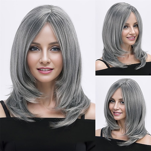 

Synthetic Wig Curly Middle Part Machine Made Wig Medium Length Gray Synthetic Hair Women's Cosplay Soft Party Gray