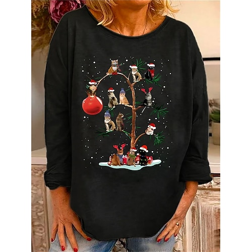 

Mujer Camiseta Camisa de Navidad Negro Rojo Azul Piscina Gato Estampado Manga Larga Navidad Fin de semana Festival / Vacaciones Escote Redondo Ajuste regular Pintura Primavera Otoño