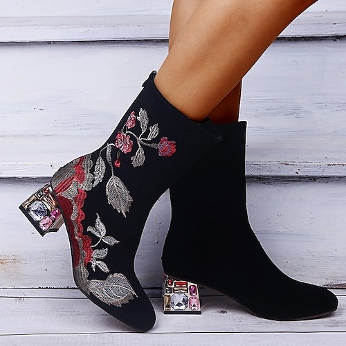 

Women's Boots Sock Boots Plus Size Heel Boots Outdoor Work Daily Booties Ankle Boots Block Heel Fantasy Heel Round Toe Vintage Suede Zipper Embroidered Black