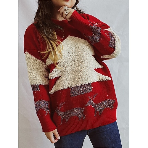 

Mujer Suéter navideño feo Suéter de punto Cuello Barco Estriado Tejer Polyester De Gran Tamaño Otoño Invierno Regular Exterior Navidad Diario Elegante Casual Suave Manga Larga Cada Árbol de Navidad