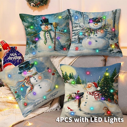 

Funda de almohada con luces LED navideñas, 4 piezas, muñeco de nieve, Navidad, cojín cuadrado decorativo suave, funda de almohada para dormitorio, sala de estar, sofá, silla, calidad superior