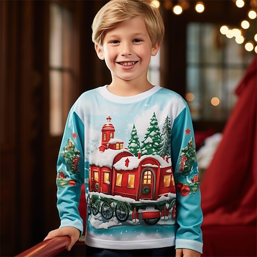 

Navidad Chico 3D Tren Camiseta Camisa Manga Larga Impresión 3D Otoño Invierno Deportes Moda Ropa de calle Poliéster Niños 3-12 años Cuello Barco Exterior Casual Diario Ajuste regular