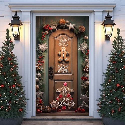 

Рождественский пряничный человечек, дверные покрытия, дверной гобелен, дверной занавес, украшение, Рождественский фон, дверной баннер для входной двери, рождественский праздник, вечеринка, декор,