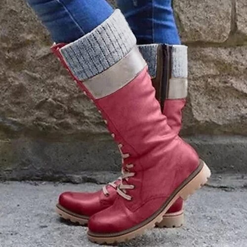 

Femme Bottes Bottes de motard du quotidien Talon Plat Bout rond Décontractées Faux Cuir Fermeture Bloc de couleur Noir Rouge Marron