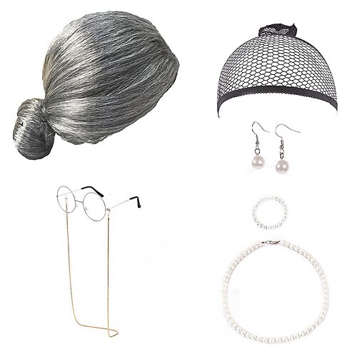 

Costume de vieille dame pour femmes, 7 pièces, ensemble de cosplay pour femmes, cheveux gris, perruque de grand-mère, bonnet de perruque, lunettes, cordons de chaîne, collier de perles en fausse perle