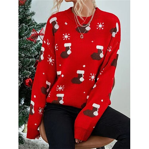 

Mujer Suéter navideño feo Suéter de punto Puente Estriado Tejer Regular Retazos Geométrico Cuello Barco Elegante Casual Exterior Navidad Otoño Invierno Rojo Azul Marino M L XL