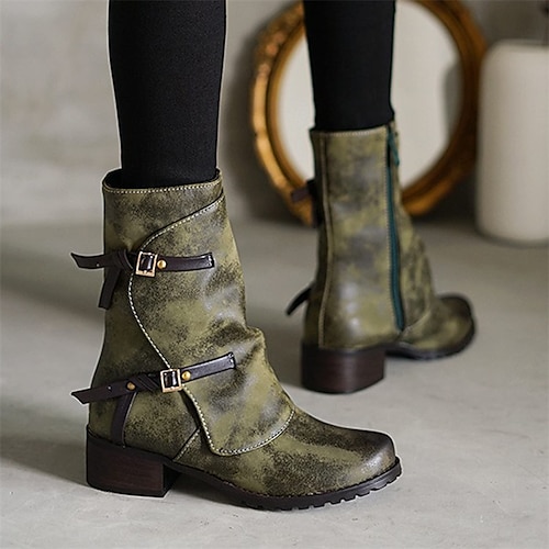 

Damen Stiefel Übergrössen Reitstiefel Outdoor Täglich Stiefel mit mittlerer Wade Schnalle Blockabsatz Runde Zehe Vintage Brautkleider schlicht Minimalismus Kunstleder PU Reißverschluss Feste Farbe