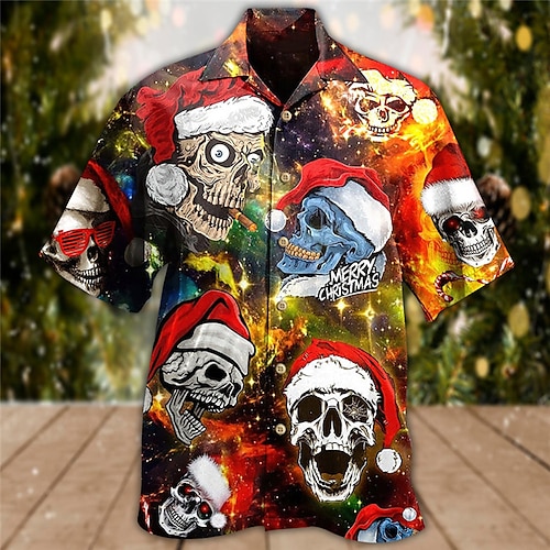 

Caveiras Árvore de Natal Casual Homens Camisa Social Ao ar livre Natal Rua Outono Aberto para a Lateral Manga Curta Vermelho S M L Camisa