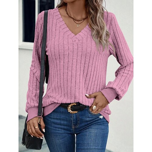 

Women's T shirt Tee Cotton Pink Army Green Navy Blue Plain Long Sleeve Daily Weekend Fashion V Neck Regular Fit Fall Winter