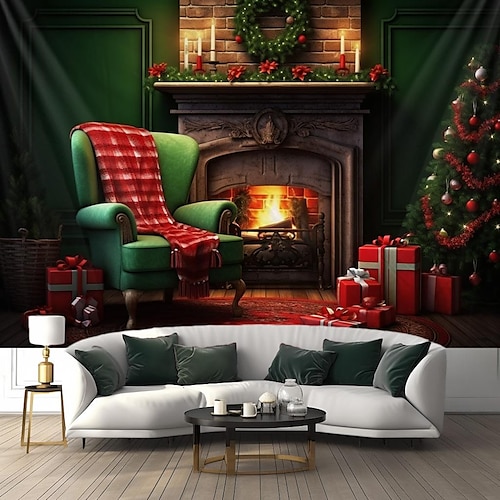 

Natal aconchegante lareira pendurada tapeçaria arte de parede natal grande tapeçaria mural decoração fotografia pano de fundo cobertor cortina casa quarto decoração de sala de estar