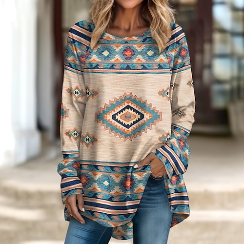 

Women's T shirt Tee Geometric Vintage Ethnic Red Blue Green Print Long Sleeve Daily Weekend Vintage Ethnic Round Neck Regular Fit Fall & Winter