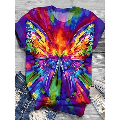 

Damen T Shirt Purpur Schmetterling Bedruckt Kurzarm Täglich Wochenende Modisch Rundhalsausschnitt Regular Fit Schmetterling Farbe Sommer