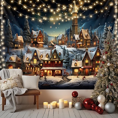 

Christmas Castle Lights Hanging Tapestry Wall Art Xmas Large Tapestry Mural Decor Photograph Backdrop Blanket Curtain Home Bedroom Living Room Decoration