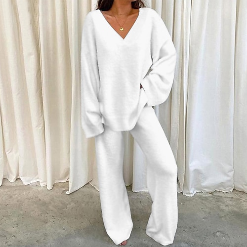 

Женские флисовые комплекты для отдыха из 2 предметов, однотонные пушистые теплые пижамы с v-образным вырезом и длинными рукавами на осень-зиму, белые s 3xl