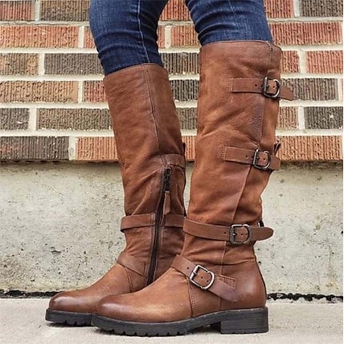 

Mulheres Botas Botas de Moto Tamanhos Grandes Botas de trabalho Ao ar livre Diário Botas Longas Presilha Sem Salto Ponta Redonda Vintage Casual Minimalismo Couro Sintético zíper Côr Sólida Vermelho