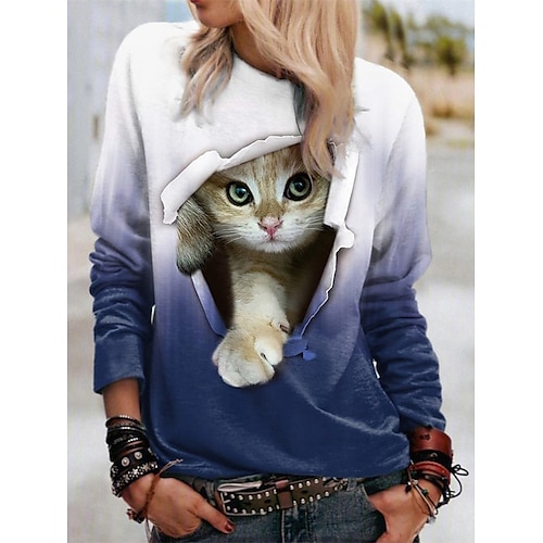 

Women's T shirt Tee Cat Color Gradient Yellow Blue Purple Print Long Sleeve Daily Weekend Fashion Round Neck Regular Fit Spring & Fall