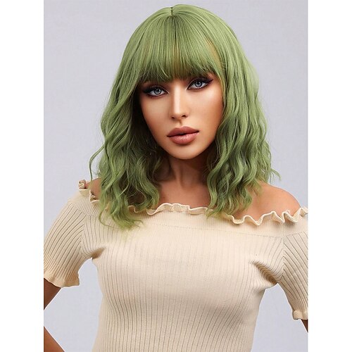 

Water Wave Wigs With Bangs Green Color 14 Inch Bob Shot Wig Deep Wave Heat Resistant Fiber Synthetic Wigs For Women Party Daily Used Christmas Party Wigs